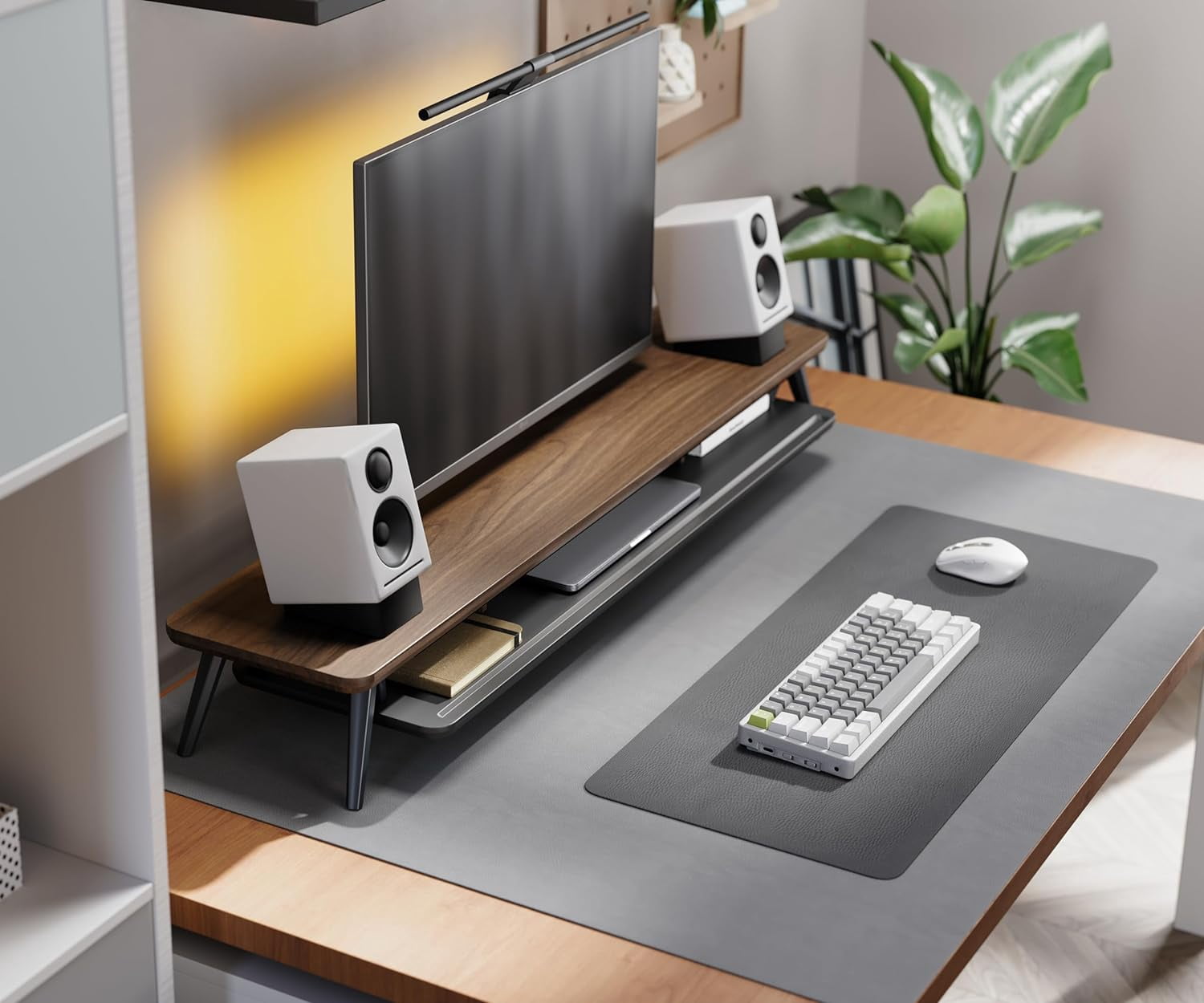 Dual Monitor Stand, Monitor Stands Riser for 2 monitors, 42.5 Inch Wood Desk Shelf with Storage Organizer and Cable Management for Office Desk Accessories