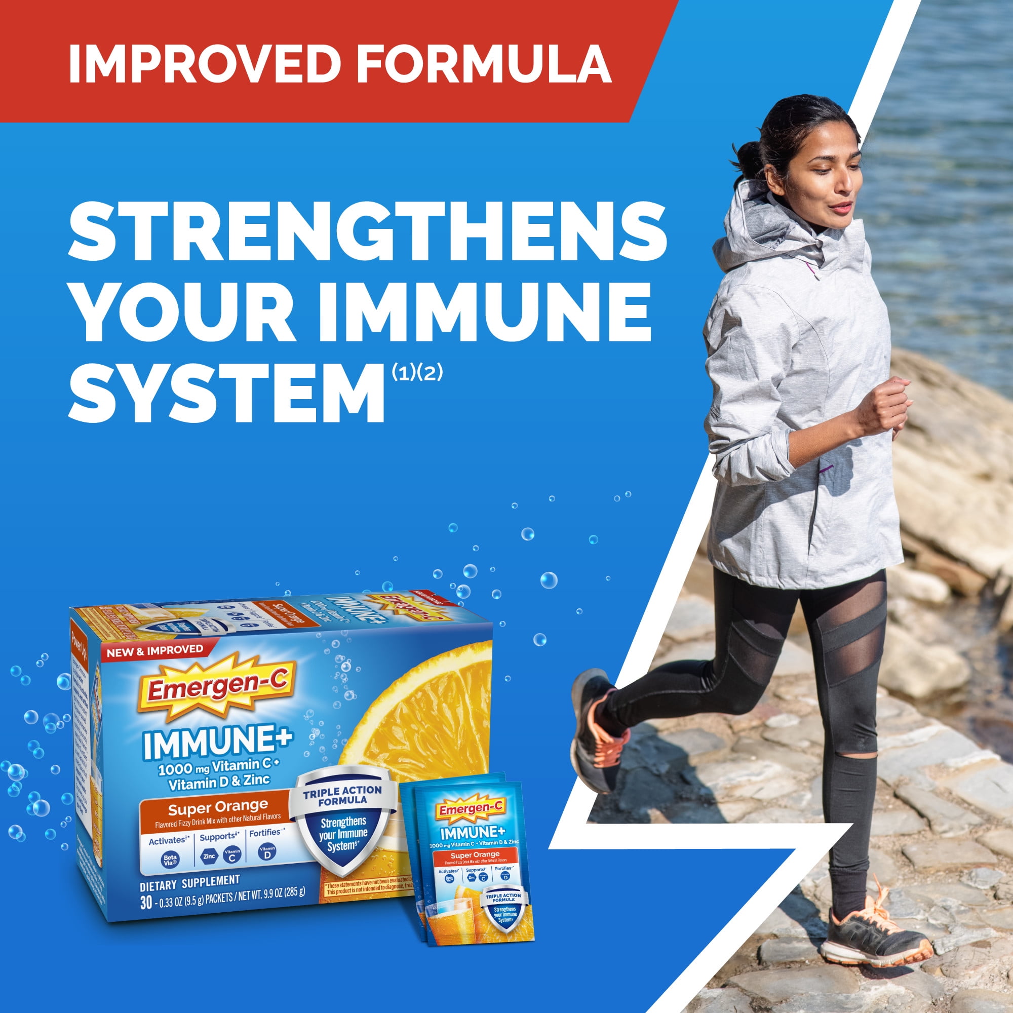 (3 pack) Emergen-C Immune+ Triple Action Immune Support Powder, Betavia (R), 1000Mg, Vitamins C, B,  D and Antioxidants, Super Orange – 10 Count