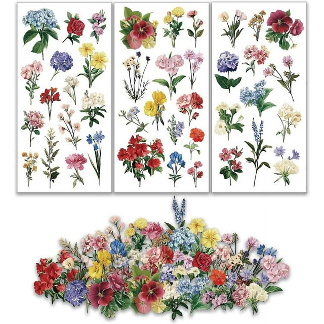 Juego de 3 calcomanías florales para muebles y manualidades (6 x 12 pulgadas): hortensias, rosas, margaritas y lirios.