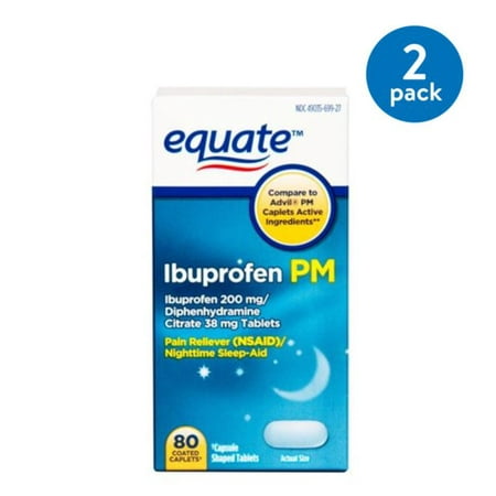 (2 pack) (2 Pack) Equate Ibuprofen PM Caplets, 200 mg, 80 Ct