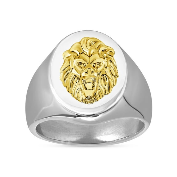 14K Gold Lion Accent on Stainless Steel Oval Signet Ring Size 8, Leo Men's Ring Jewelry