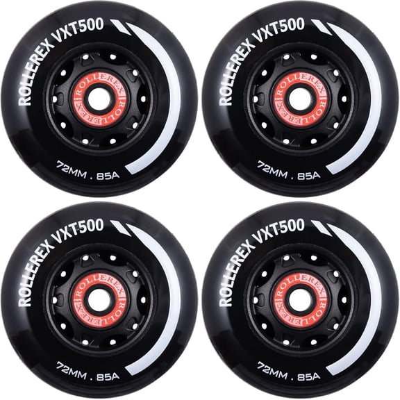 Rollerex VXT500 Inline Skate Wheels – 4-Pack (Optional Bearings, Spacers and Washers) - Durable Replacement Roller Blade Wheels for Indoor & Outdoor Skating (72mm, Steel Black)