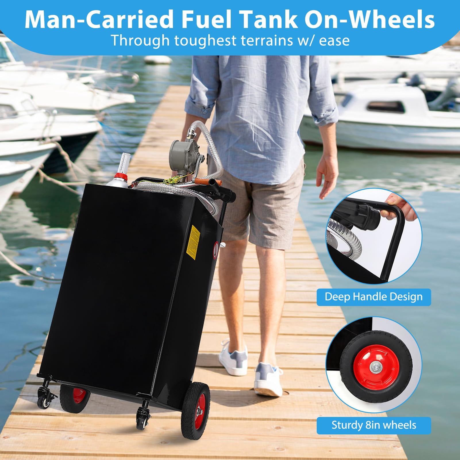 30 Gallon Fuel Caddy, Fuel Storage Tank on 4 Wheels, Portable Gas Caddy with Manual Transfer Pump, Gasoline Diesel Fuel Container for Cars, Lawn Mowers, ATVs, Boats, More