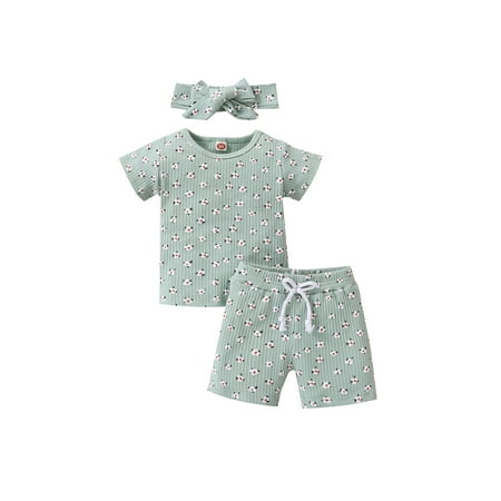 

Nokpsedcb Toddlers Kid Girl 3PCS Suit Infants Floral Print Ribbed Short Sleeve Tops Elastic Waist Shorts Headband Green 6-12 Months