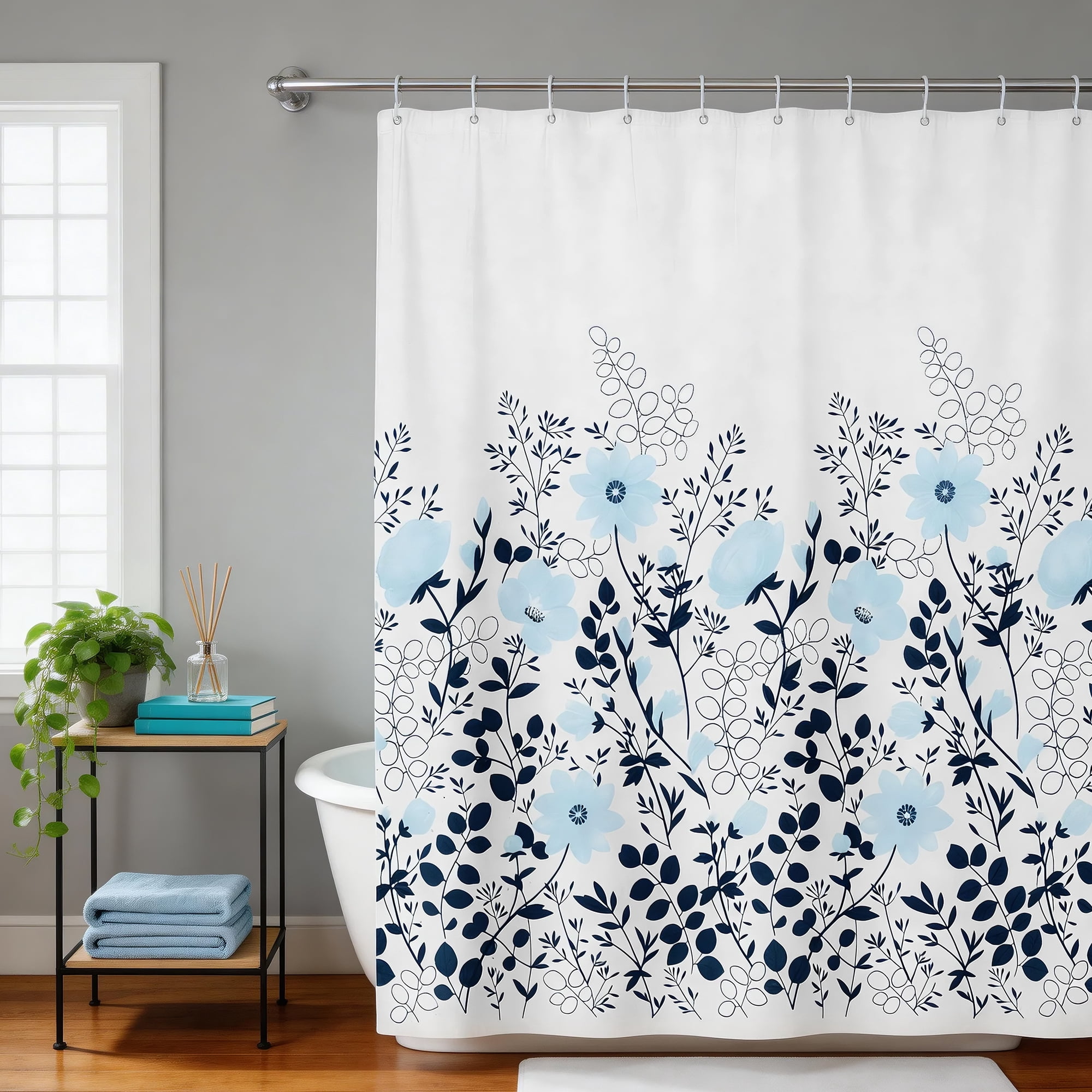 Unique Bargains Flower Shower Curtain 70.87x70.87 White Blue Set for Bathroom