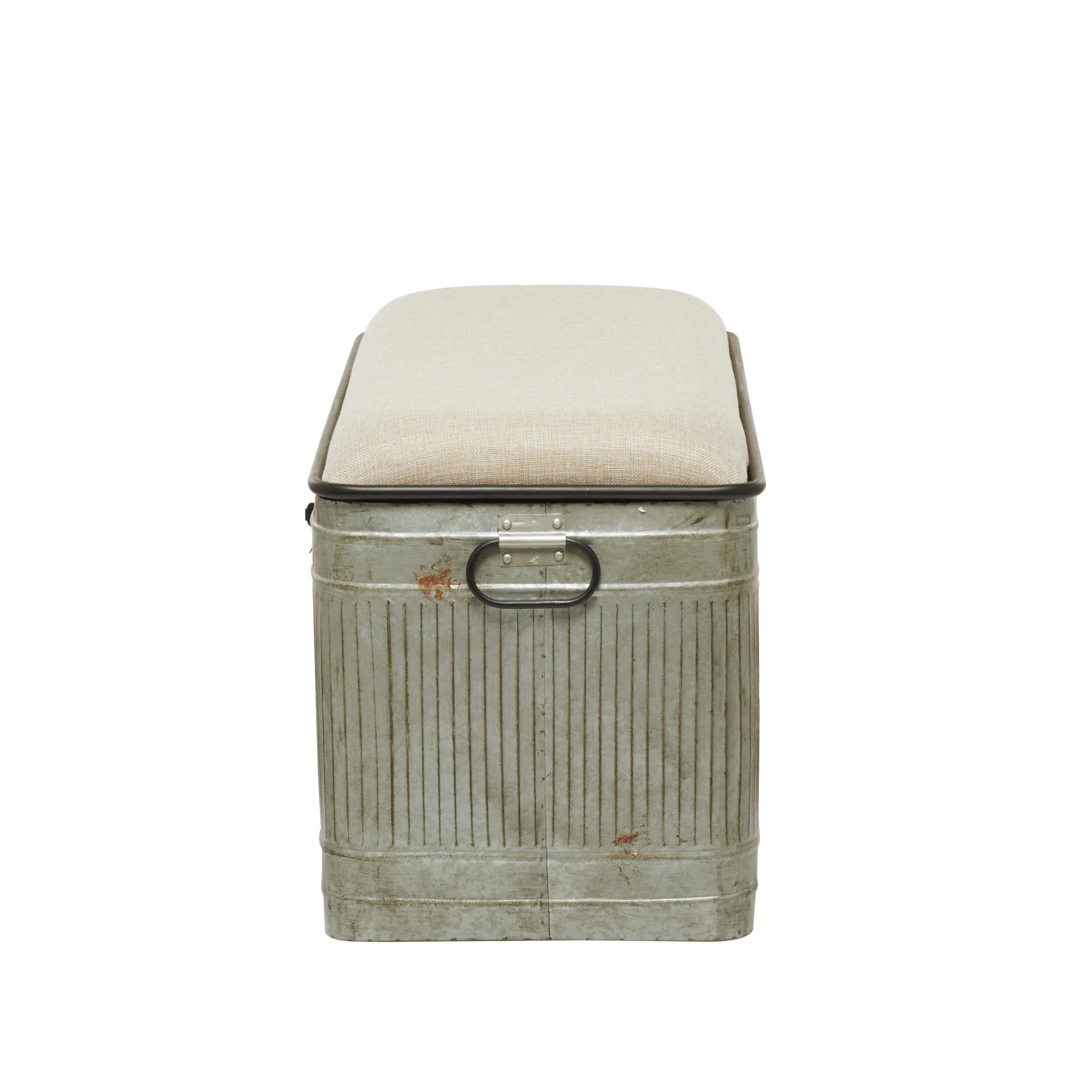 DecMode Metal Galvanized Storage Bench with Cream Burlap Top and Black Latches, Gray