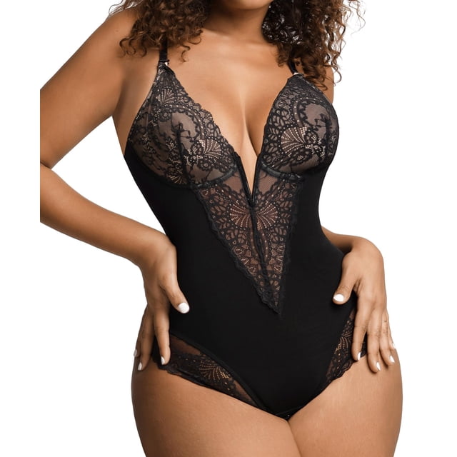Body de encaje moldeador con control de abdomen para mujeres, con escote en V, espalda baja y sin mangas, talla 3XL.