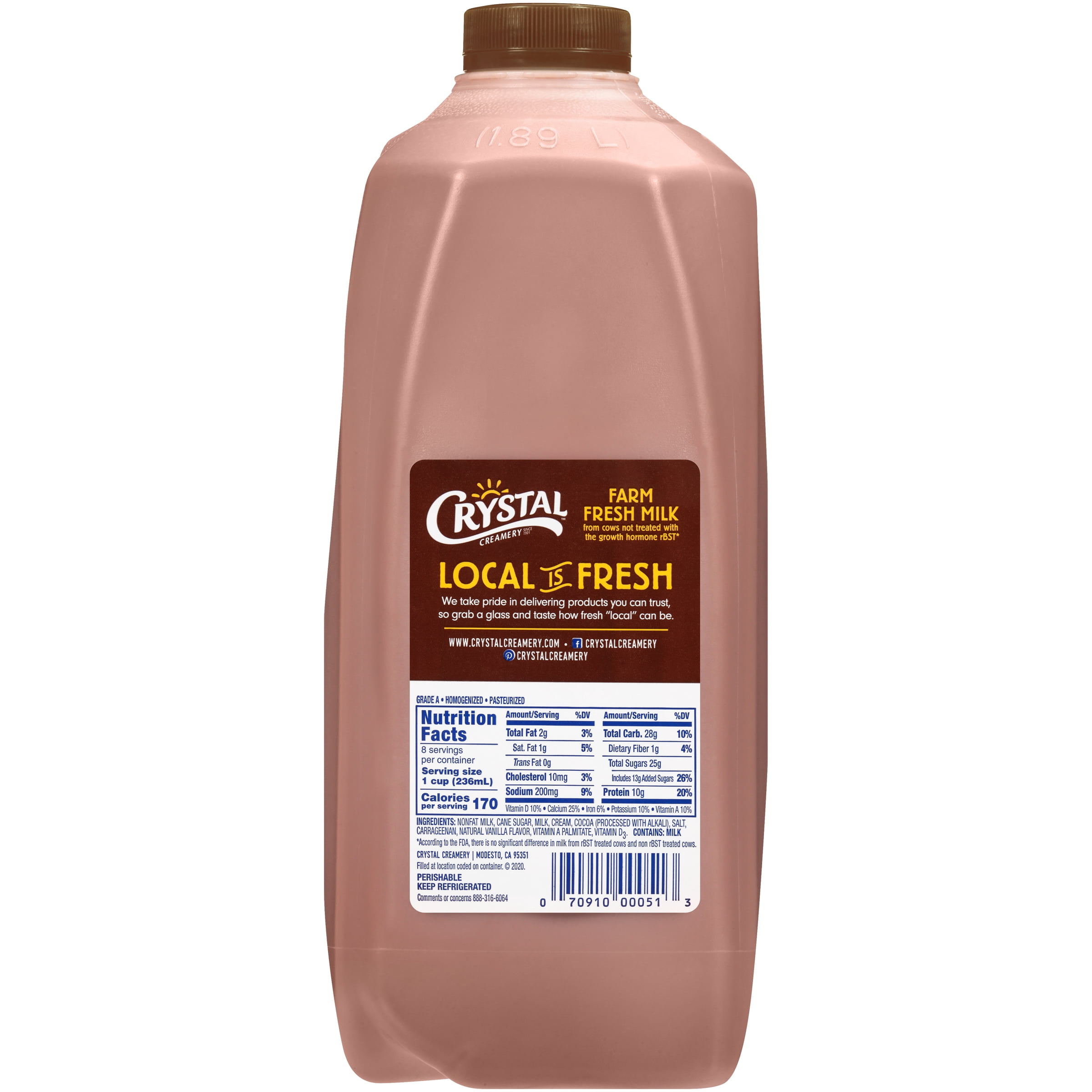 Crystal Creamery, Fresh, Real California Milk, 1% Milkfat Low-Fat Chocolate Milk, Half Gallon