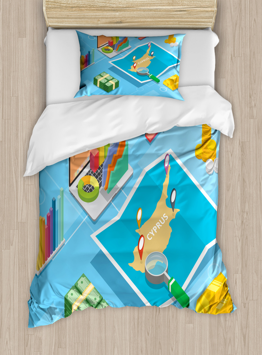 Cyprus Duvet Cover Set Twin Size, Isometric Style Image of Business