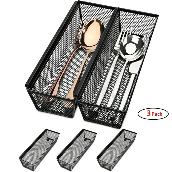 GoXteam Compact Utensil Organizer For Kitchen Drawer Silverware, Silverware Organizer Flatware Tray, Small, Black, 3 Pack