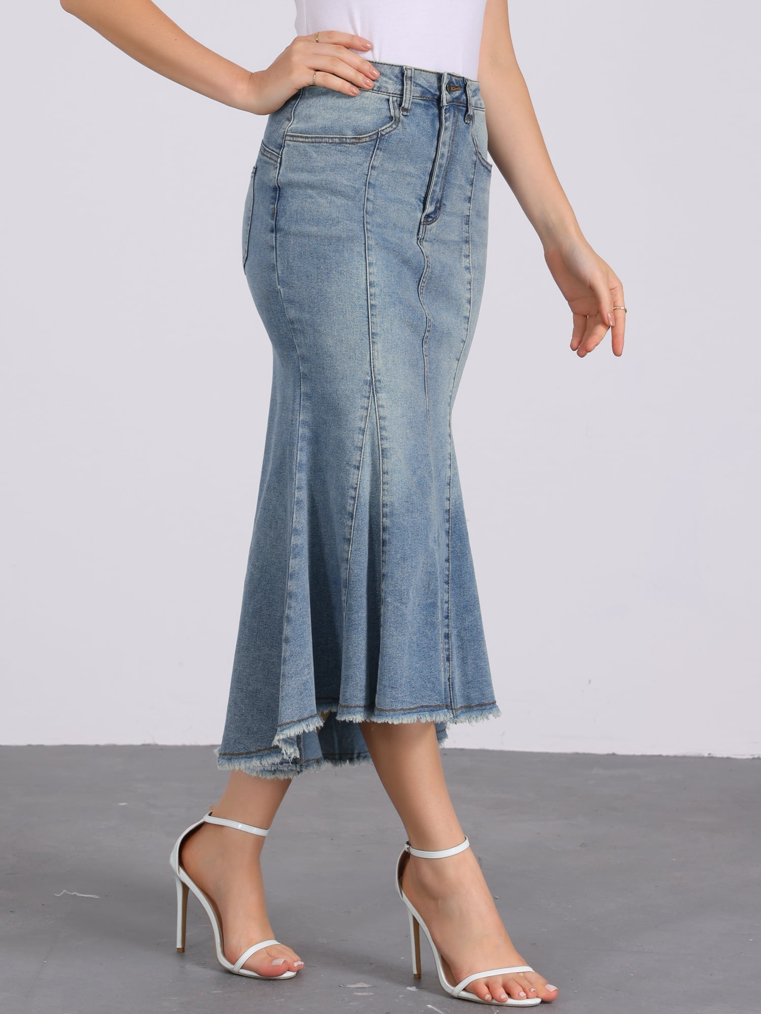 DARING DIVA Women's Raw Hem Fishtail Midi Skirt with Pockets XL Grey Blue