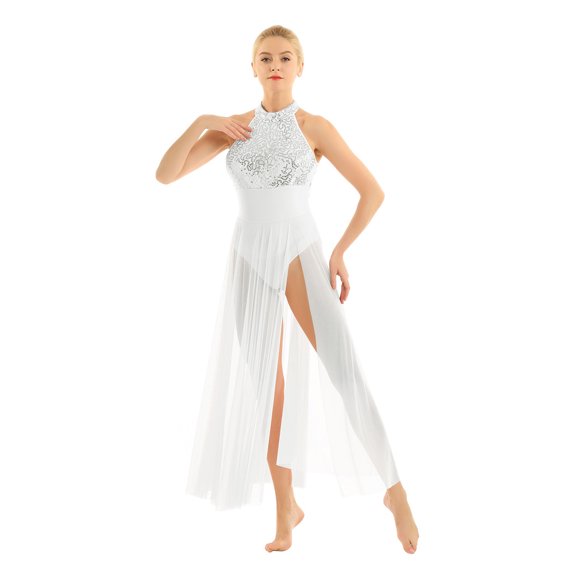 Yartina Womens Sequined Lyrical Ballet Dress Modern Contemporary Dance Costume Mesh Long Split Skirt White M