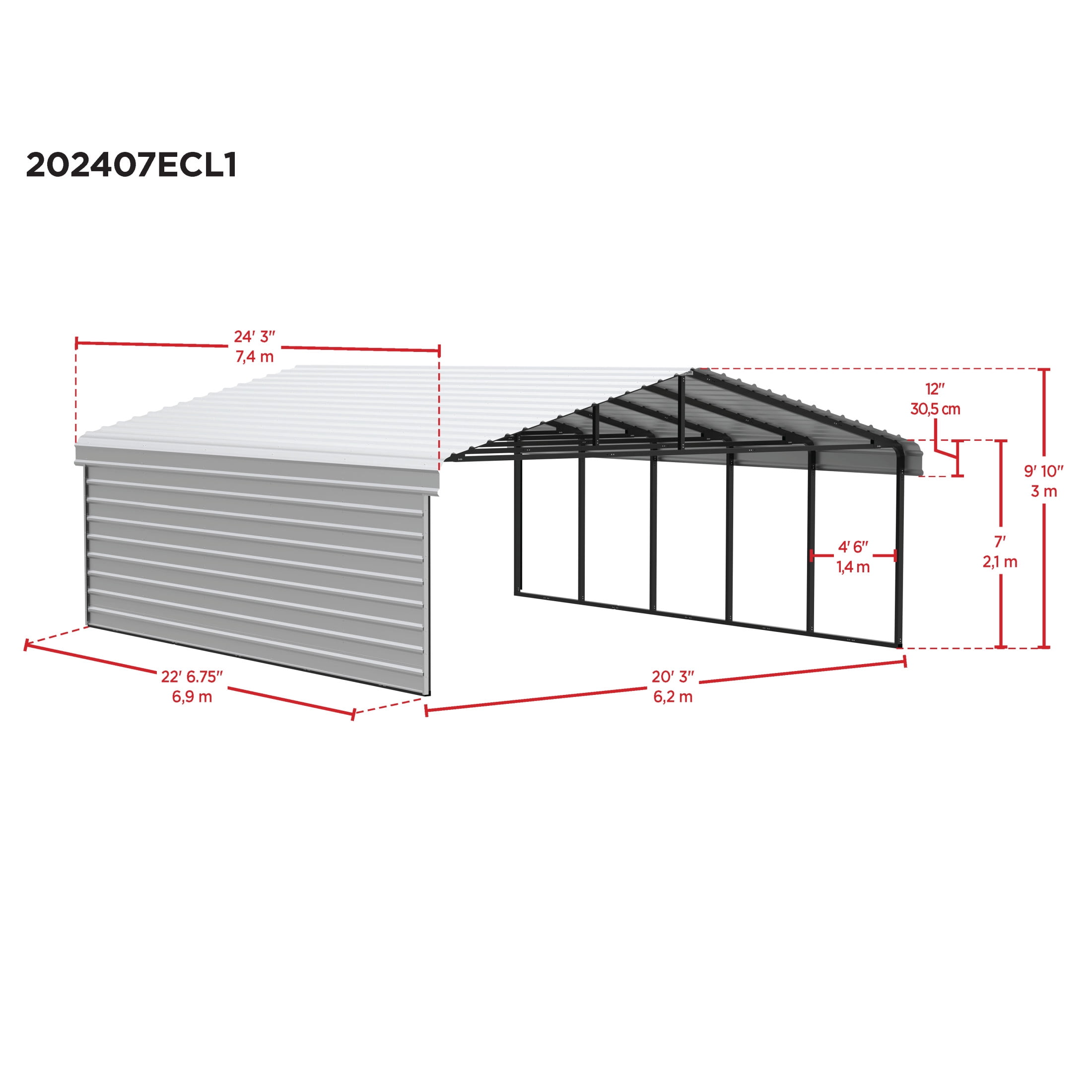 Arrow 20 x 24 x 7 ft Eggshell Carport With 1 Side Wall Kit