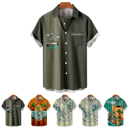 

LANLIN Hawaii Toddler Boys Button Up Tops Shirt with Chest Pocket Funky Clothes Size 100-170/XXS-8XL