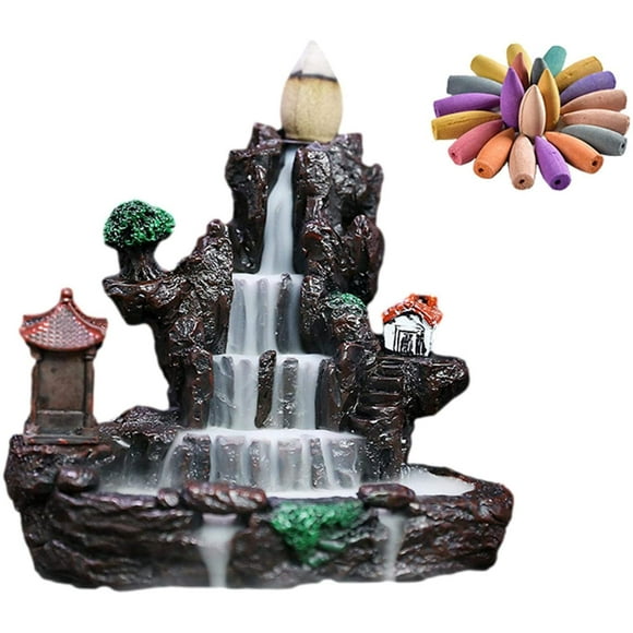 Waterfall Backflow Incense Burner - Resin Backflow Incense Holder - Waterfall Smoke Incense Burner with 60 Incense Cones for Aromatherapy Environment Cleansing Yoga Home Decoration