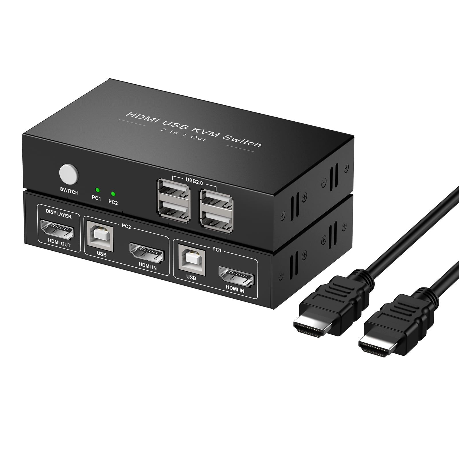 KVM Switch HDMI 2 Port Box,USB and HDMI Switch for 2 Computers Share Keyboard Mouse Printer Monitor Support HUD 4K@30Hz for Laptop,PC,Xbox HDTV with 2X USB Cable,1x Switch Button Cable