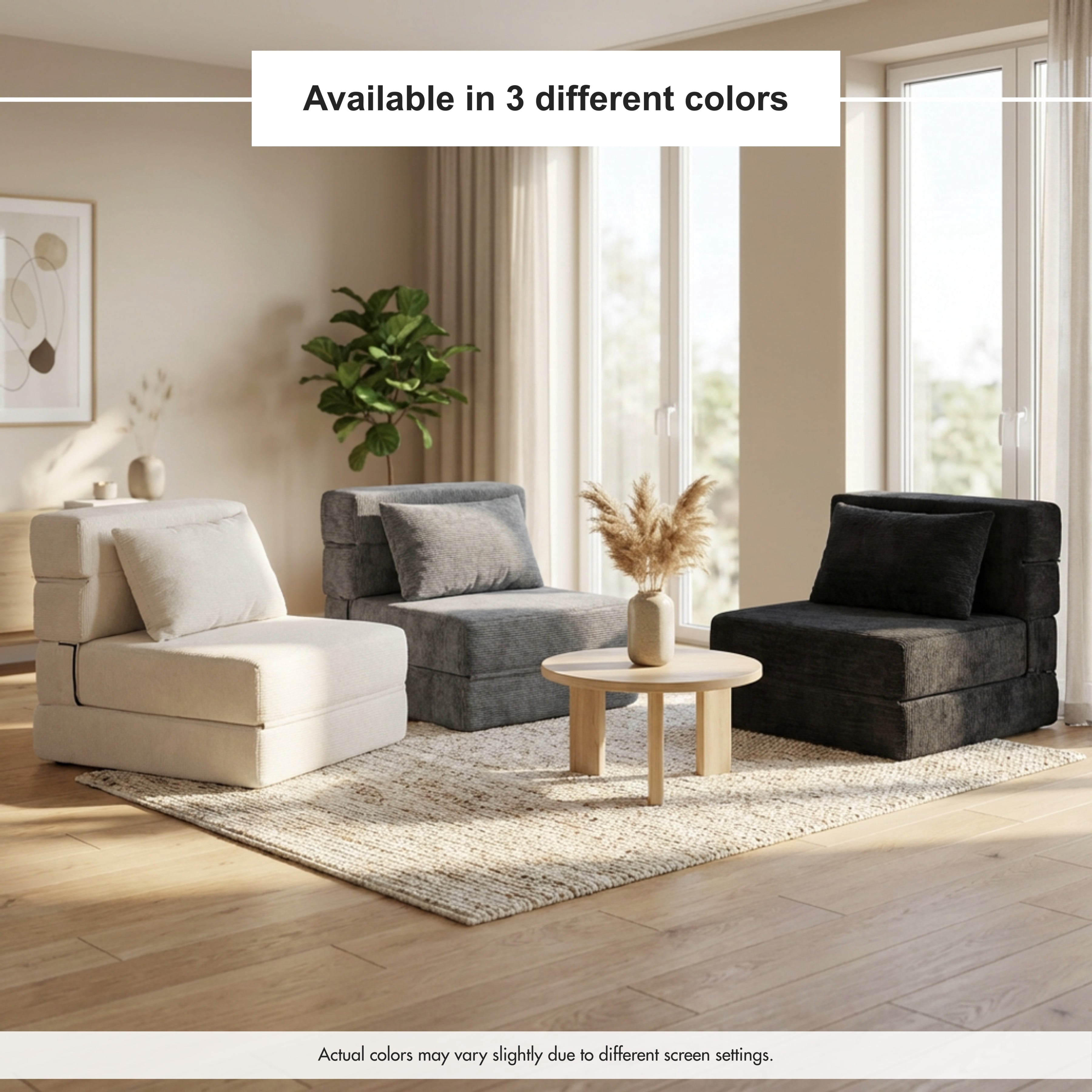 Oak and Birch Folding Sofa Bed Floor Couch with Pillow, 3-in-1 Convertible Boneless Convertible Chair, Chaise Lounge & Sleeper for Living Room, Apartment, Dorm, Gaming Room, Chenille, Cream
