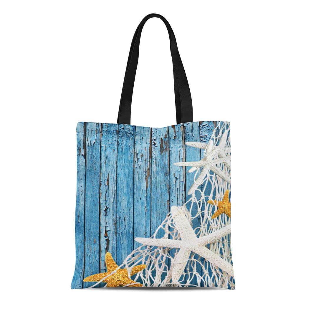 Ashleigh Canvas Tote Bag Coastal Starfish Netting Beach Wood Living Designer Home Staging Reusable Handbag Shoulder Grocery Shopping Bags, Adult