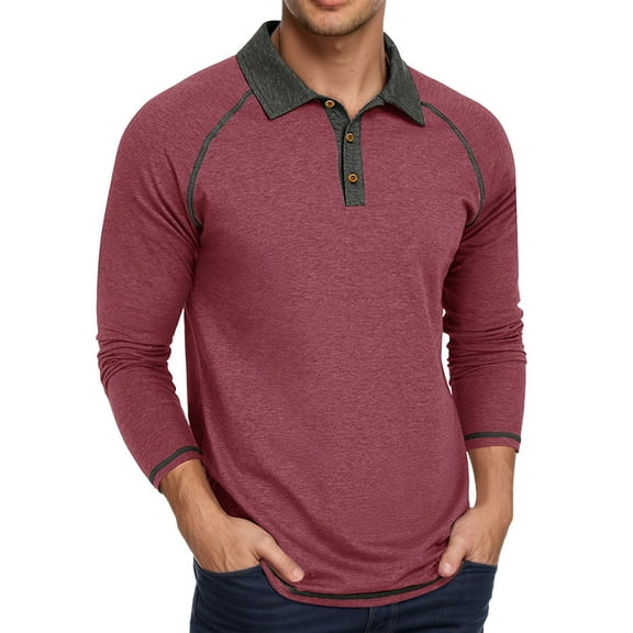 MIXUE Polo Shirts For Men Summer Solid Color Lapel Button Down Long Sleeve Casual Comfortable Breathable Outwear,Red,S