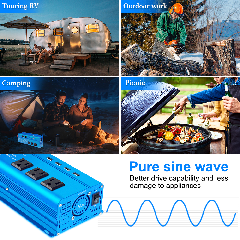Yinleader 1000 Watt Pure Sine Wave Power Inverter 12V to 110V Car RV Converter 3Sockets 4USB LED Display