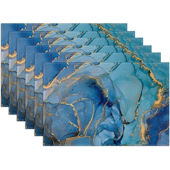 Blue Gold Marble Placemats Set of 6, Linen Place Mat Washable Stain Resistant Table Mats for Farmhouse Kitchen Dining Party Wedding Decor 12x18 Inch