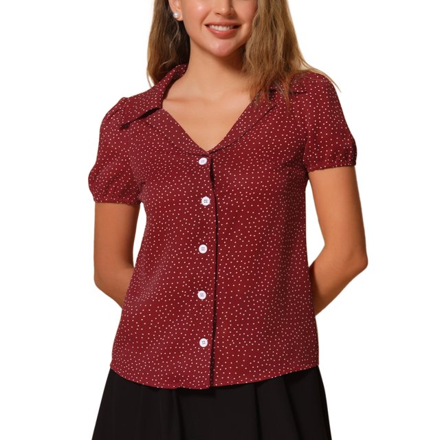 Blusa vintage de los años 50 para mujer con botones y mangas cortas de lunares, XL, color burdeos