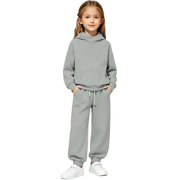GobdXE Solid Boys Girls 2 Piece Outfit Cropped Hoodie Kangaroo Pocket Sweatshirt Drawstring Jogger Pants Casual Tracksuit Clothing Set Grey,6-7 Years