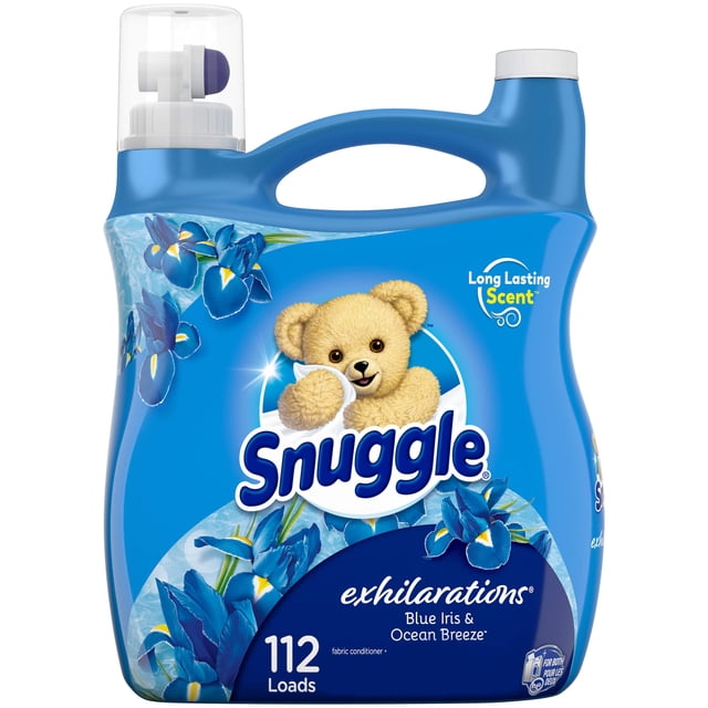 suavizante de telas snuggle exhilarations blue iris & ocean, 2,84 l botella frontal con pico vertedor, envase azul con logo del oso Snuggle, ilustración de iris azul y brisa marina, texto que indica 112 cargas, aroma de larga duración y que reduce arrugas; ideal para dar suavidad y frescura duradera a la ropa.