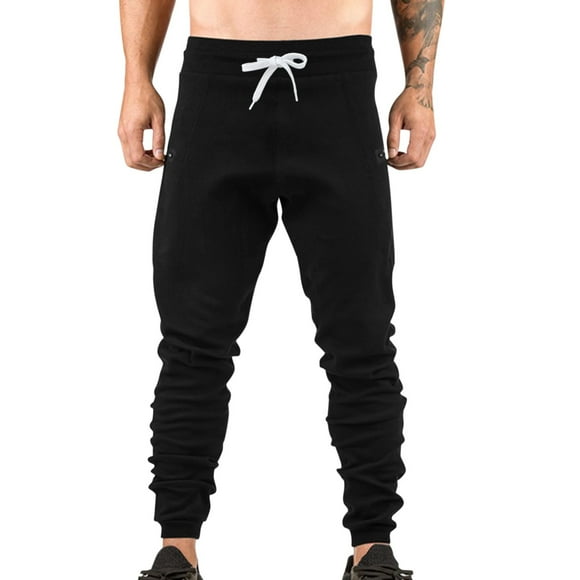 toraway Summer Black Cargo Pants for Men Men's Sports Sweatpants Fitness Slim Trousers Casual Jogging Street Pants with Zipper Pockets L