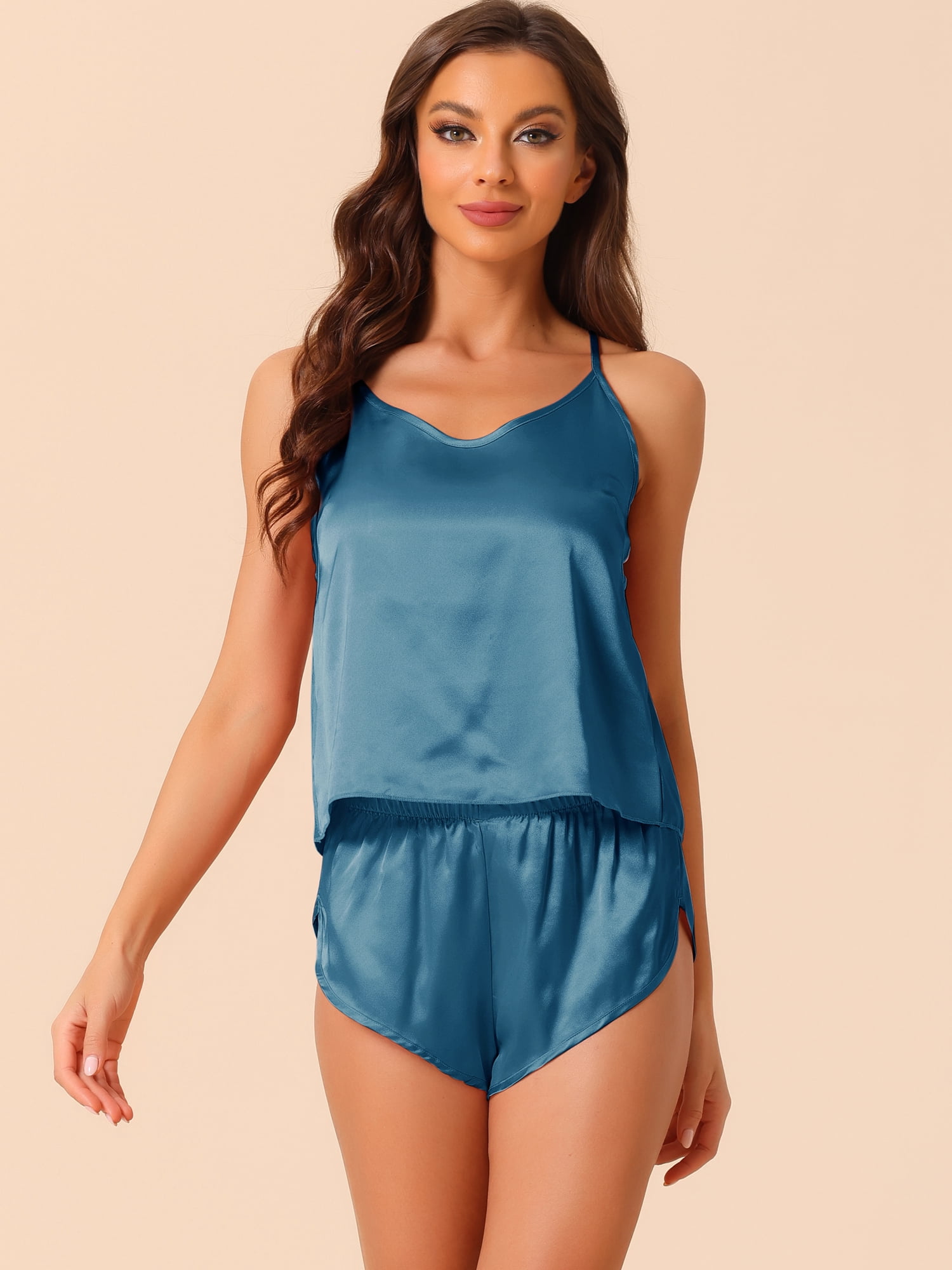 DARING DIVA Women's Satin Backless Lingerie Tops with Shorts Cami Pajamas Sets XL Blue