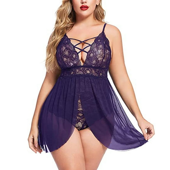 Levmjia Womens Pajamas Plus Size Summer Short Sleeve Women Lingerie Lace Mesh Cross Hollow Out Chemise Nightgown Temptation Babydoll Underwear Nightdress Sleepwear
