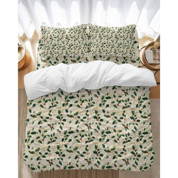 Winter Christmas Bedding Duvet Cover Set Full Size 4 Pieces Holly Berry Plants Leaves Linen Grain Bedding Set with Zipper Closure, 1 Comforter Cover 86x86 Inches 1 Flat Sheet & 2 Pillow Cases