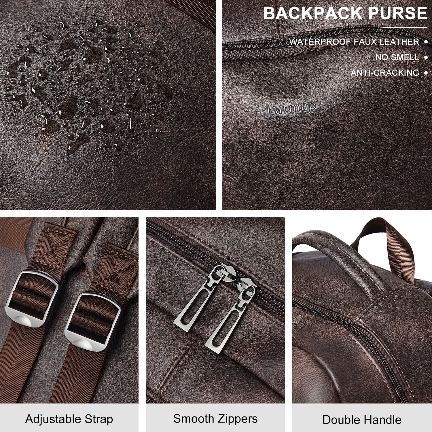 Versatile 30L Faux Leather Backpack Purse for Women & Men, Multi-Use Travel Work Laptop Backpack Bookbag, Fits 15.6" Laptop - Coffee