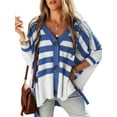 thumbnail image 3 of Women'S Cardigan Sweater Casual V Neck Buttoned High Low Sweater Cardigan Striped Long Sleeve Daily Outwear Blue XL, 3 of 8