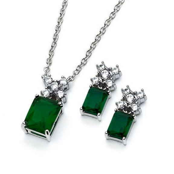 Prong Set Earrings-Pendant Set with Emerald Cut Artificial Emerald Diamonds by Diamond Essence set in Sterling Silver