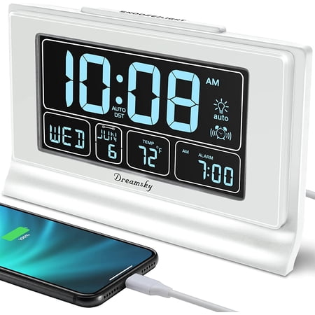 Alarm Clocks for Bedrooms with Battery Backup, Auto Set Digital Clock with Date and Day of Week, 5 Inch Large Display with Weekday Temperature, USB Ports, Auto DST, Brightness Dimmer, 12/24H