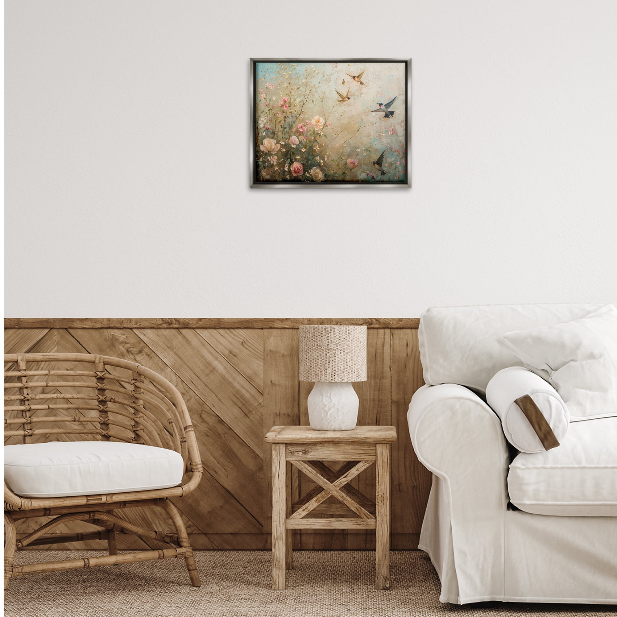 Stupell Industries Spring Meadow Birds Plants & Flowers Painting Gray Floater Framed Canvas Art Print Wall Art, 21 x 17