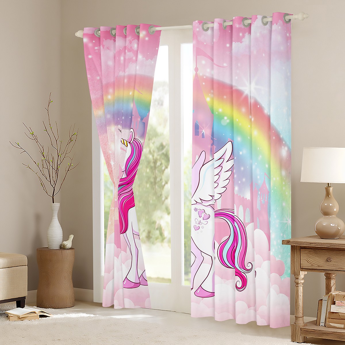 Erosebridal Cute Unicorn Curtains Pack of 2(42x63),Fairy Castle Silhouette Black Out Curtains,Rainbow Galaxy Starry Curtains for Living Room For Girls,Ultra Soft Bedroom Decorative
