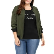 MODA NOVA Juniors Plus Size Contrast Trim Zipper Hip Length Bomber Jacket