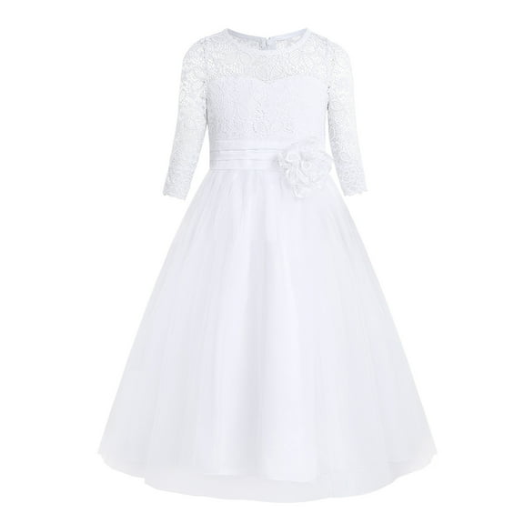 TiaoBug Kids Floral Lace Half Sleeve Maxi Dress Flower Girls Wedding Party Bridesmaid Baptism Gown White 4