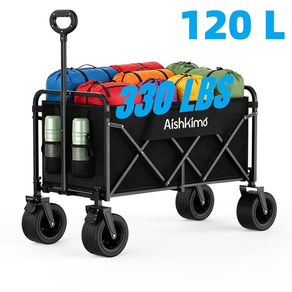 Aishkimo Collapsible Wagon, 120L Folding Wagon with 330lbs Weight Capacity,Heavy Duty Collapsible Folding Utility Garden Cart with Adjustable Handle,All-Terrain Wheels, for Camping,Beach,Shopping