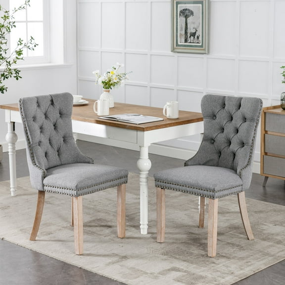 Set of 2 Modern Dining Chairs, Tufted Linen Upholstered Side Chairs with Solid Wood Legs and Nailhead Trim, Gray Accent Chairs for Kitchen and Dining Room