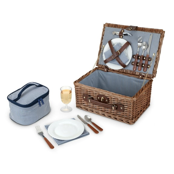 Twine Newport Picnic Basket, Wicker Basket with Place Settings, Wine Glasses, Corkscrew, Insulated Compartments, Set of 1 Basket