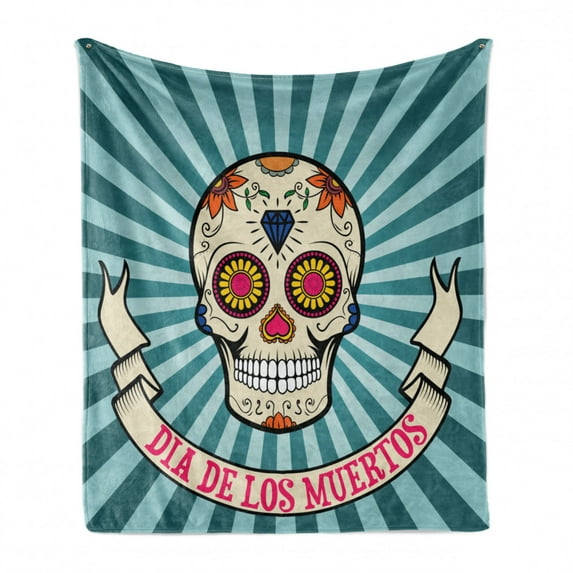 Sugar Skull Soft Flannel Fleece Blanket, Graphic Sugar Skull Ornamented with Diamond Leaf and Heart Shapes for Carnival, Cozy Plush for Indoor and Outdoor Use, 60" x 80", Multicolor, by Ambesonne