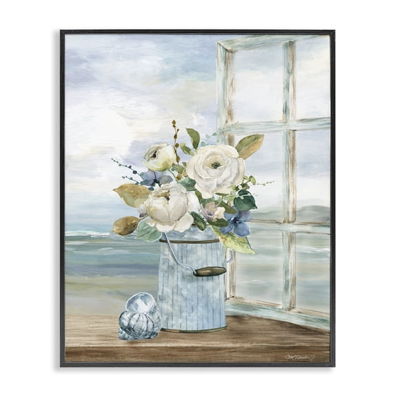 Stupell Industries Traditional Seaside Florals on Windowsill Black Framed Giclee Art, 11 x 14, by Carol Robinson