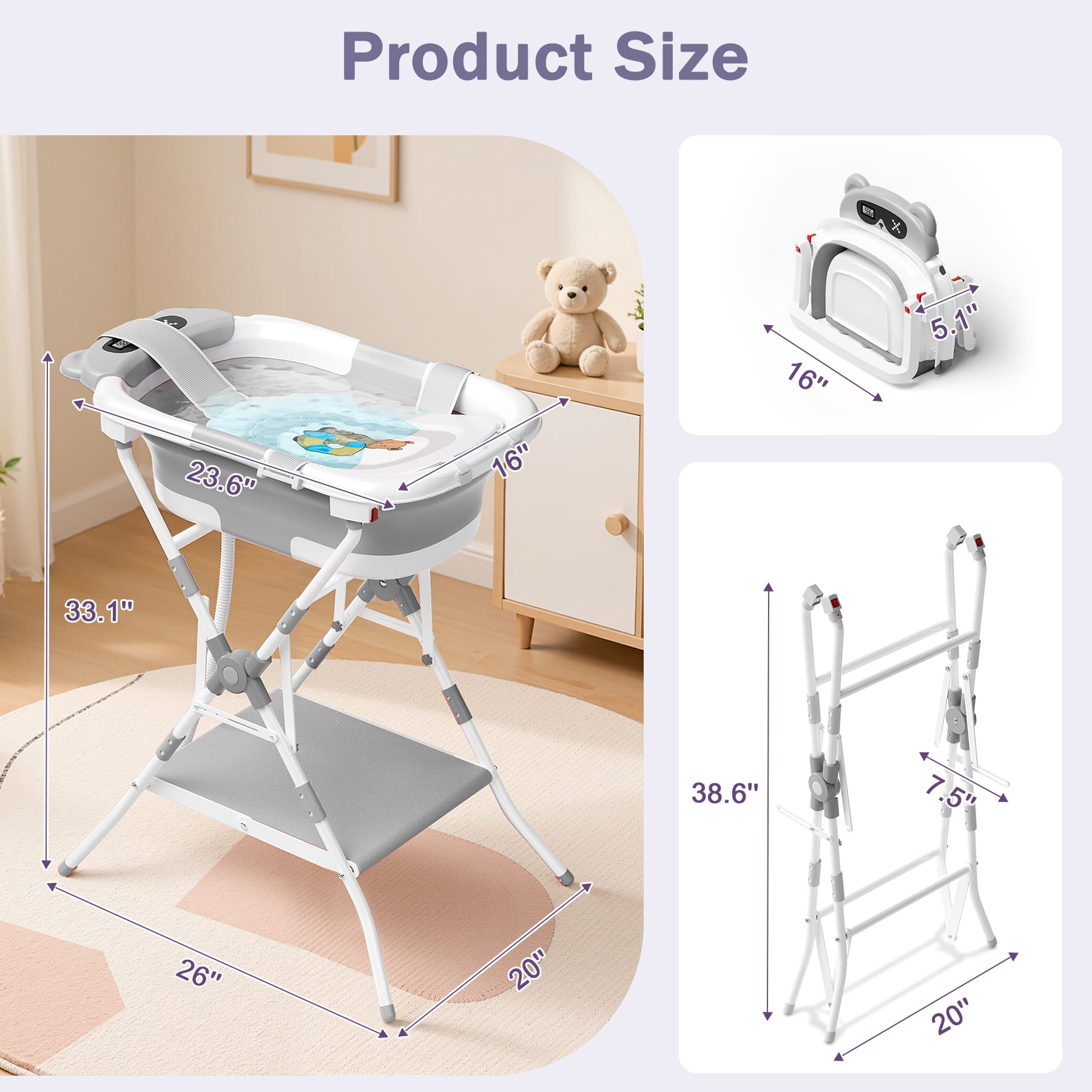 COOSEYA 2-in-1 Baby Bathtub with Stand for Newborn and Infants, Foldable Baby Bath Tub, Baby Shower Gifts for New Parents, Gray