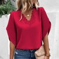 thumbnail image 2 of Blusa de encaje con cuello en V para mujer, manga corta, cómoda, transpirable, camiseta de manga corta, Top rojo XXL, 2 of 5