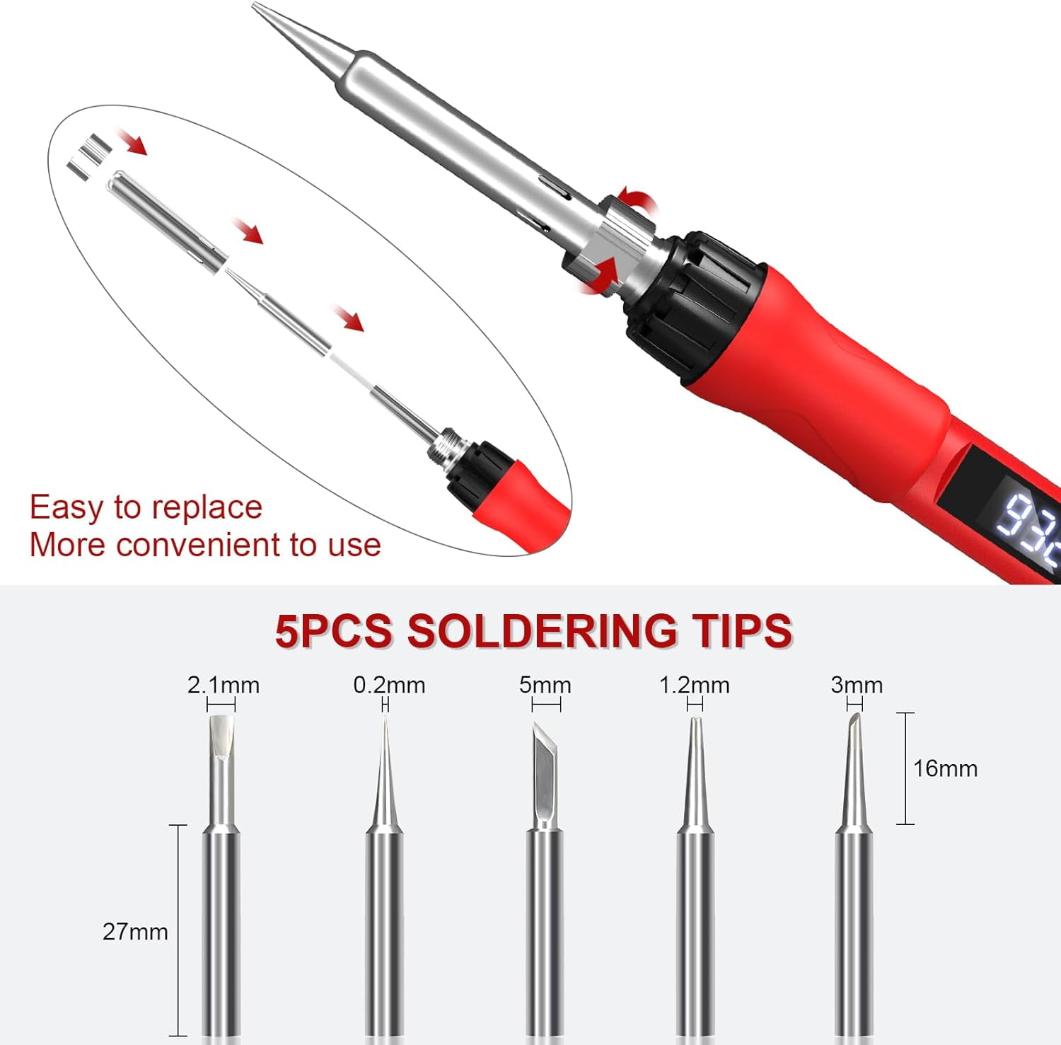 Soldering Iron Set, 100 Soldering Iron with Digital Display, Adjustable Temperature 356-932℉ Electronic Soldering Set, Including Soldering Iron Tip, Solder Wire, Stand, Tweezers and Solder Paste, Red