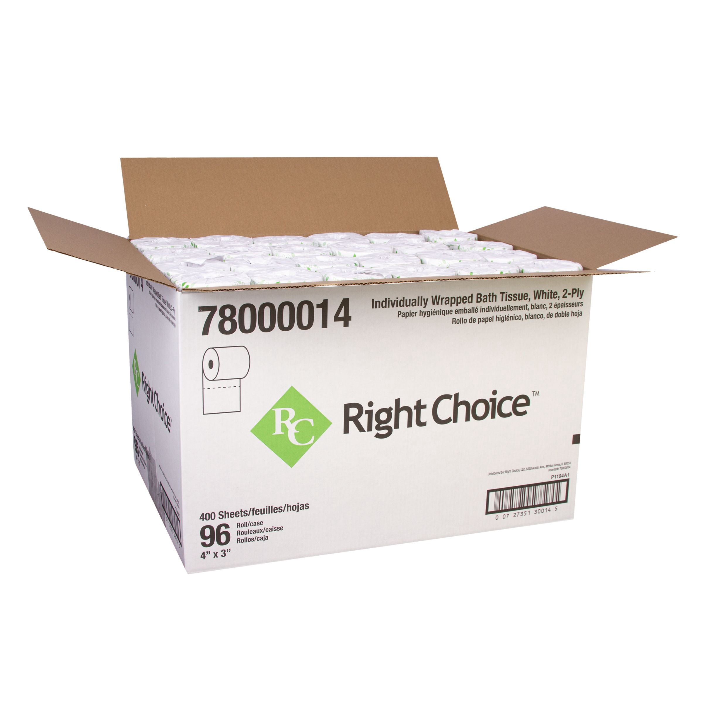 Right Choice White 2 Ply Paper Toilet Tissue, 4 x 3 inch, 400 sheets per roll -- 96 per case