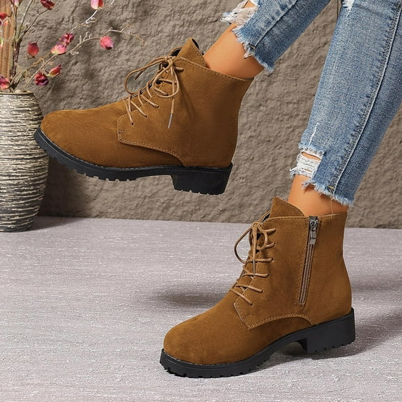 BLTIBY Womens Ankle Boots Fall Low Heel Flock Round Toe Lace up Boot Fashion Comfortable Side Zip Booties Yellow 37